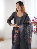 Dazzling Black Floral Printed Chanderi Traditional Pant Suit With Dupatta