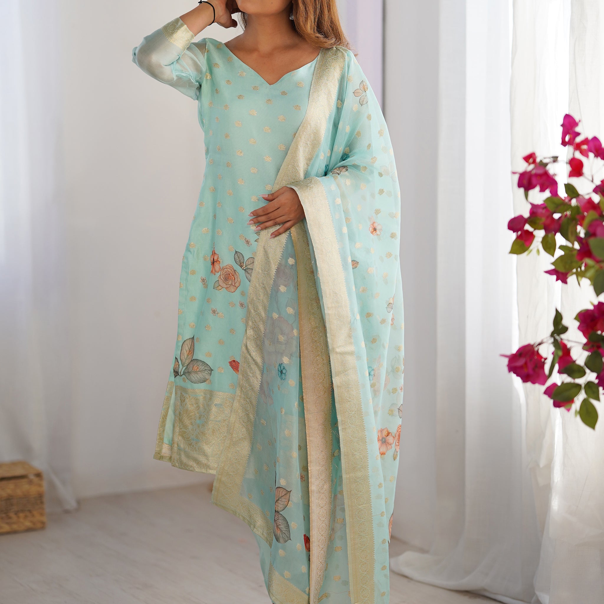 Astonishing Sky-Blue Floral Printed Chanderi Festival Wear Pant Suit