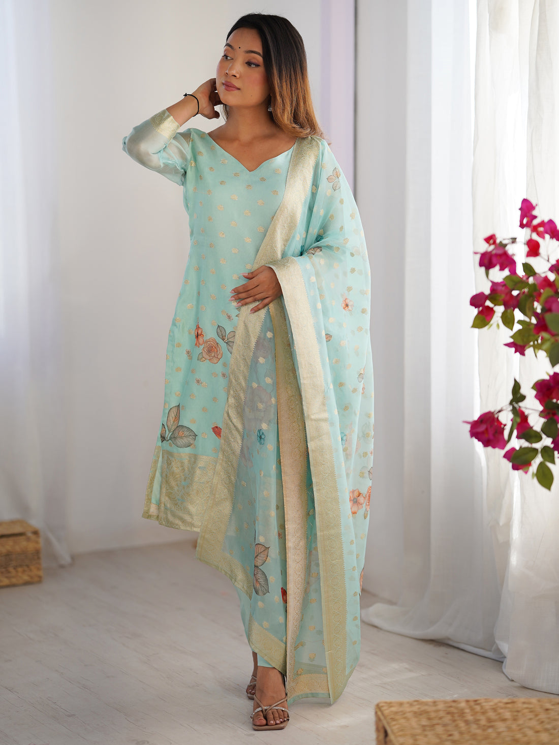 Astonishing Sky-Blue Floral Printed Chanderi Festival Wear Pant Suit