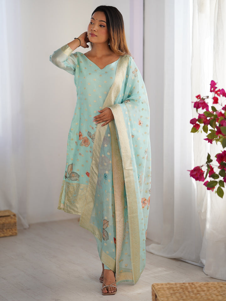 Astonishing Sky-Blue Floral Printed Chanderi Festival Wear Pant Suit