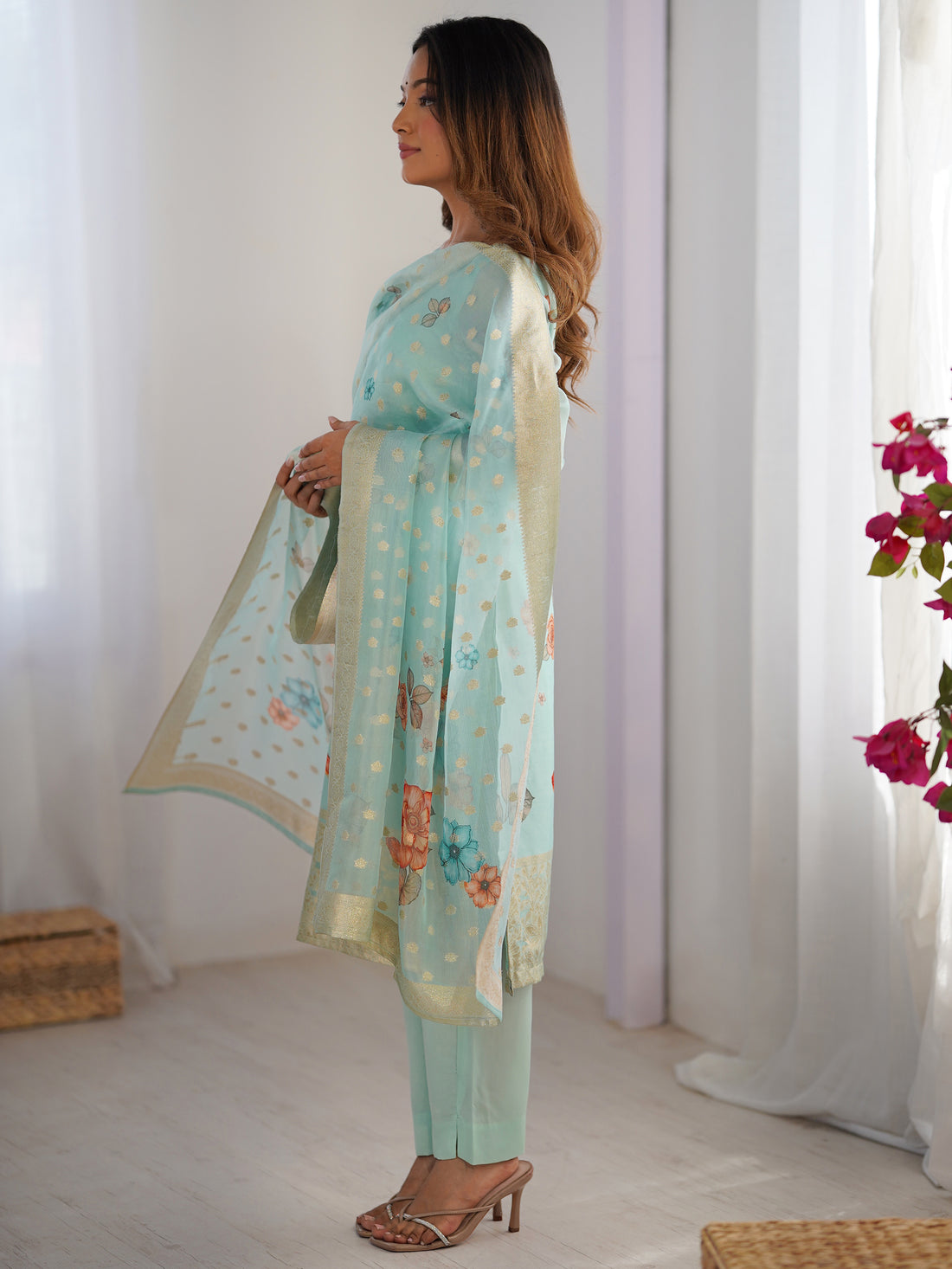 Astonishing Sky-Blue Floral Printed Chanderi Festival Wear Pant Suit
