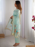 Astonishing Sky-Blue Floral Printed Chanderi Festival Wear Pant Suit