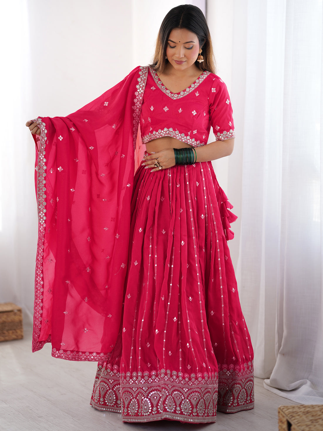 Attractive Pink Thread Work Silk Festival Wear Lehenga Choli