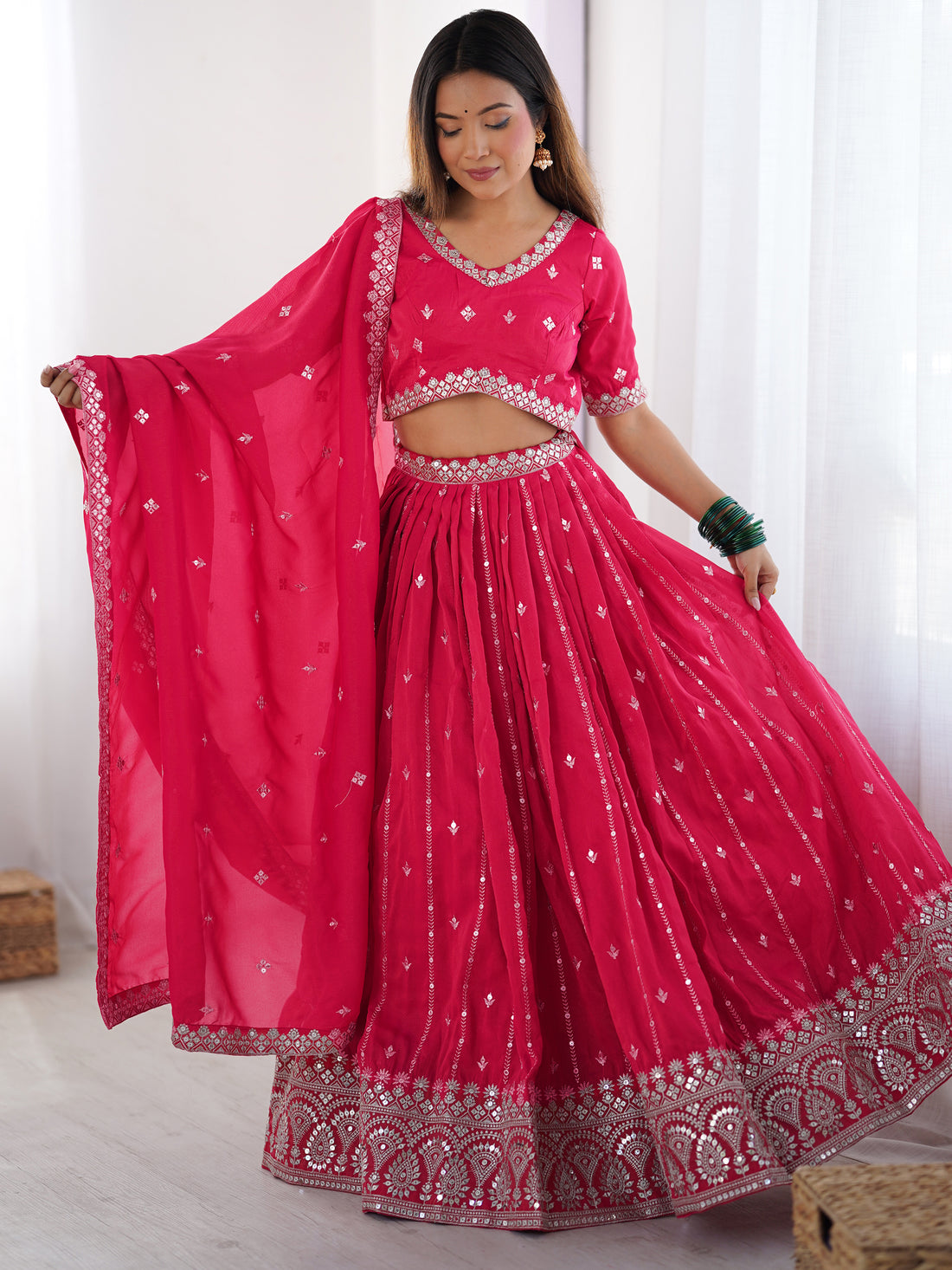 Attractive Pink Thread Work Silk Festival Wear Lehenga Choli