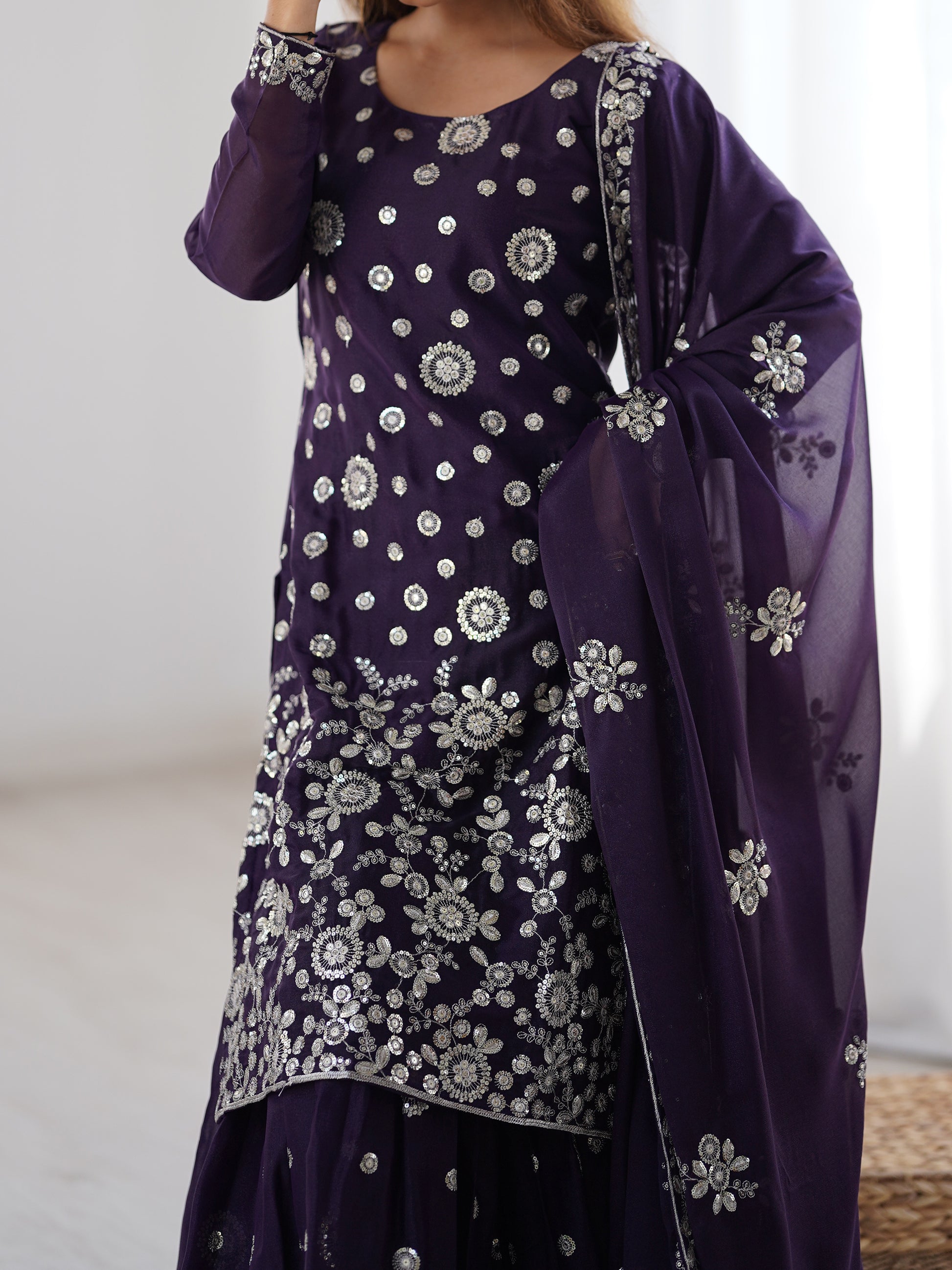 Adorable Purple Sequins Georgette Sharara Suit With Dupatta