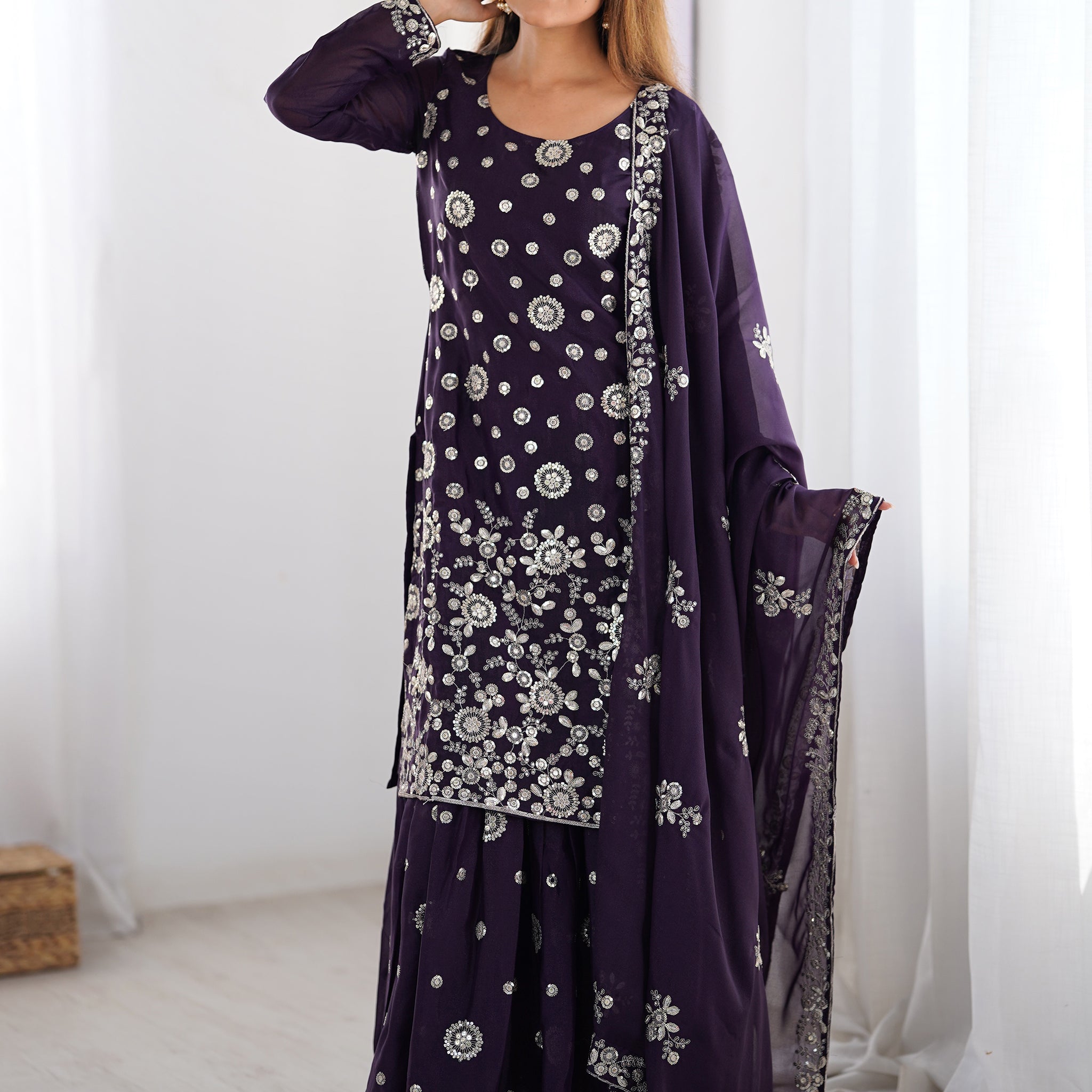 Adorable Purple Sequins Georgette Sharara Suit With Dupatta