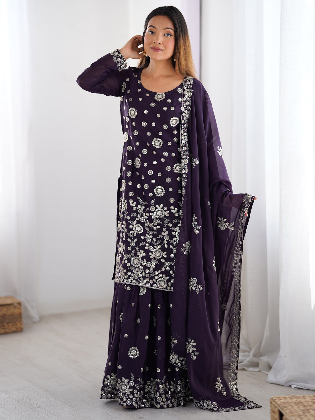 Adorable Purple Sequins Georgette Sharara Suit With Dupatta