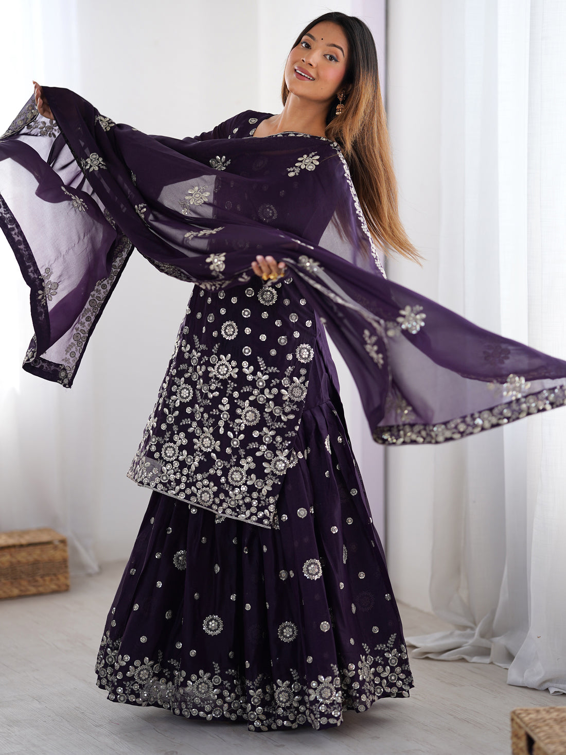 Adorable Purple Sequins Georgette Sharara Suit With Dupatta