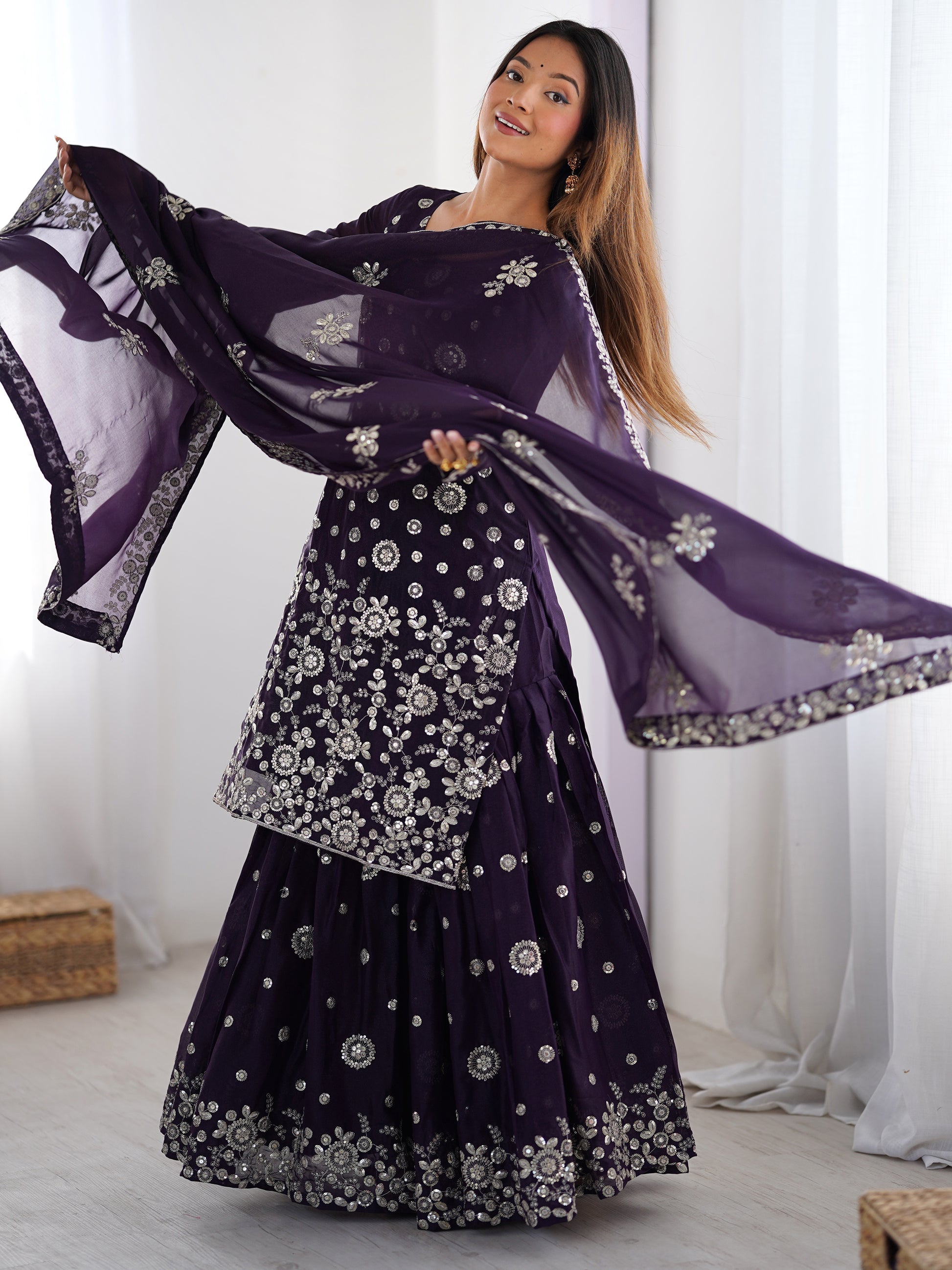 Adorable Purple Sequins Georgette Sharara Suit With Dupatta