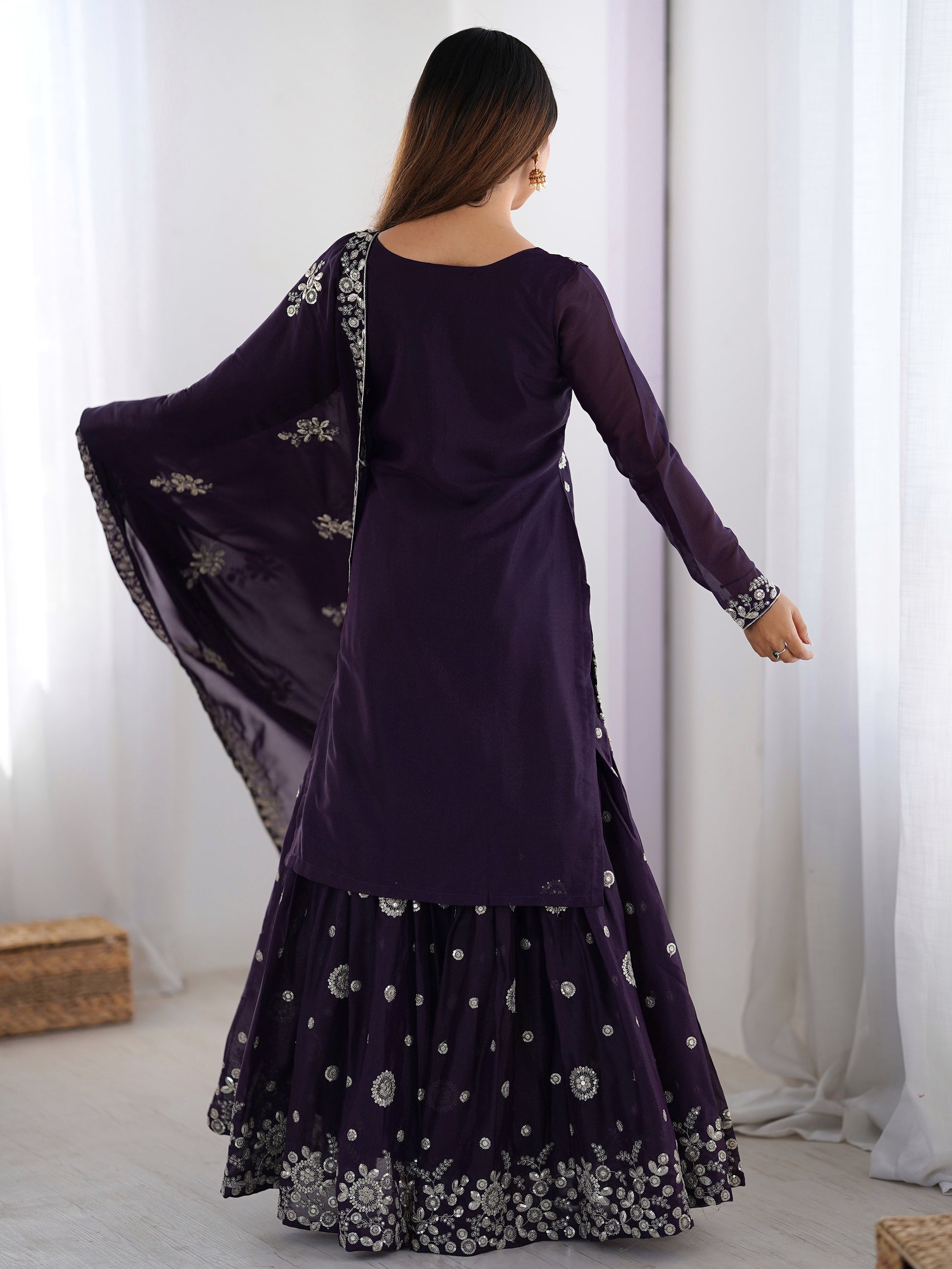Adorable Purple Sequins Georgette Sharara Suit With Dupatta