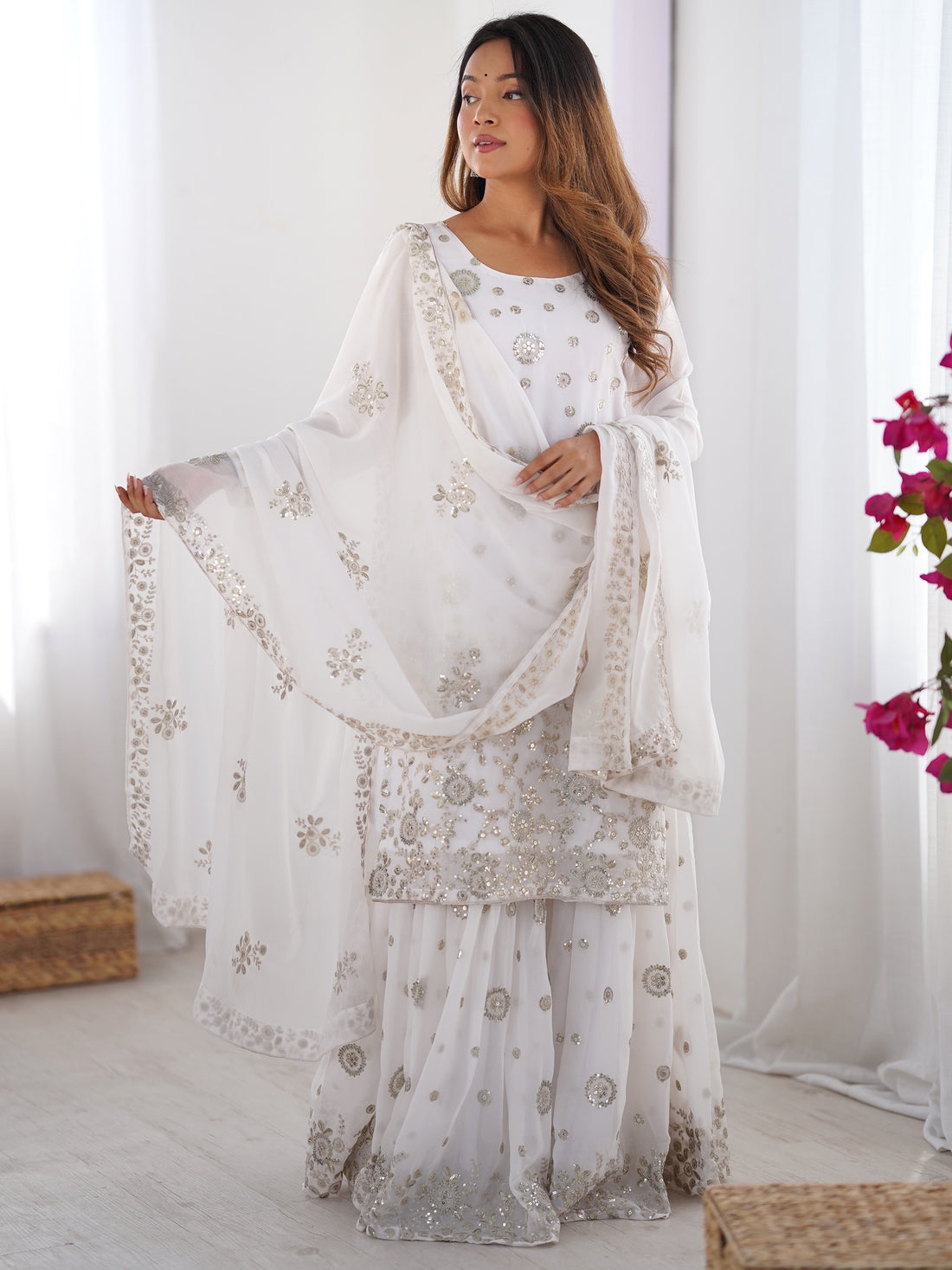 Astonishing White Sequins Georgette Festival Wear Sharara Suit