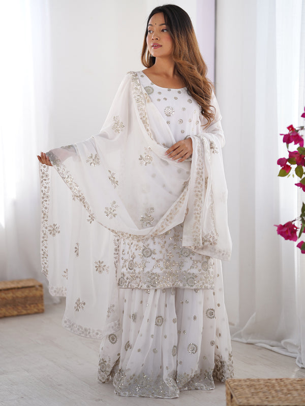 Astonishing White Sequins Georgette Festival Wear Sharara Suit