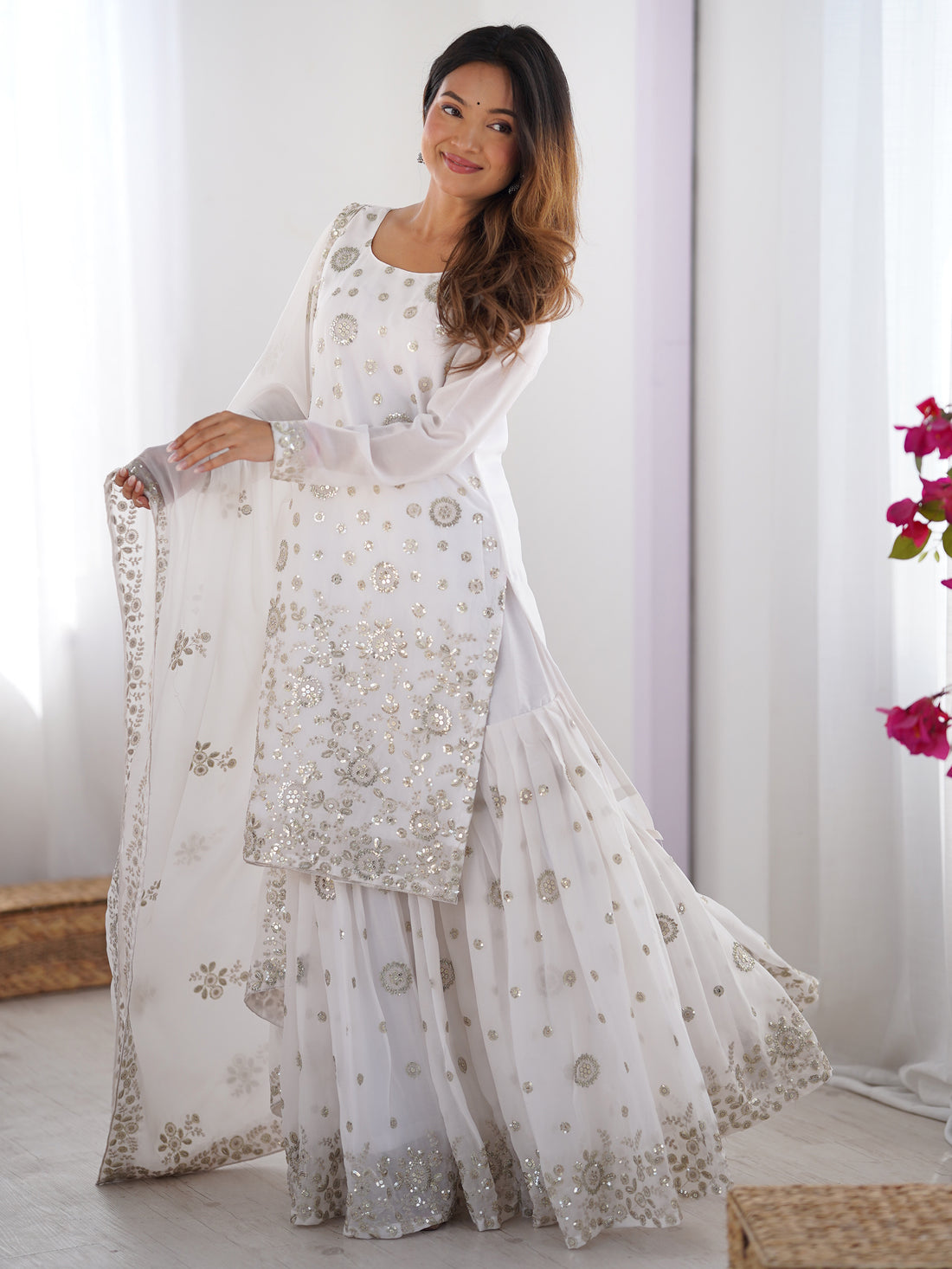 Astonishing White Sequins Georgette Festival Wear Sharara Suit