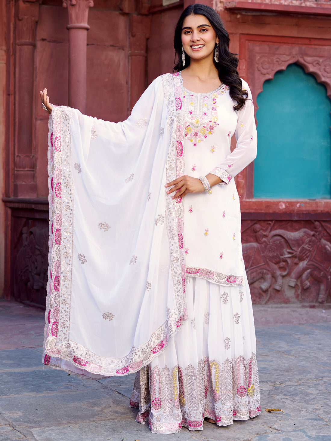 Attractive White Sequins Georgette Festival Wear Sharara Suit