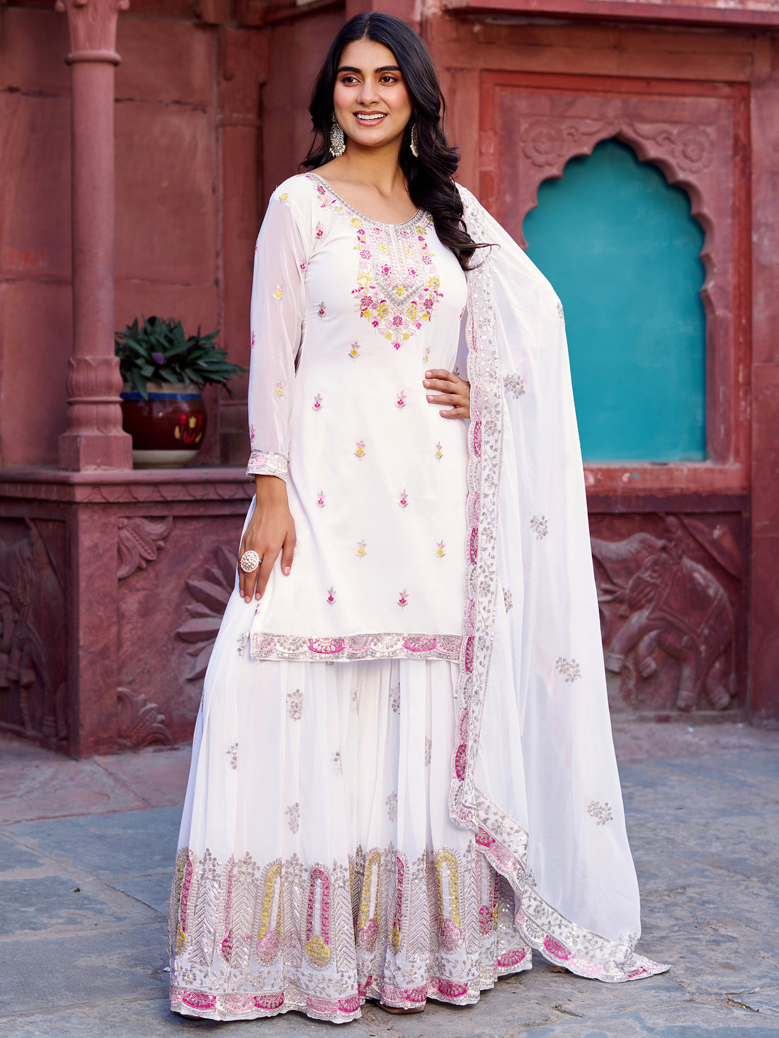Attractive White Sequins Georgette Festival Wear Sharara Suit