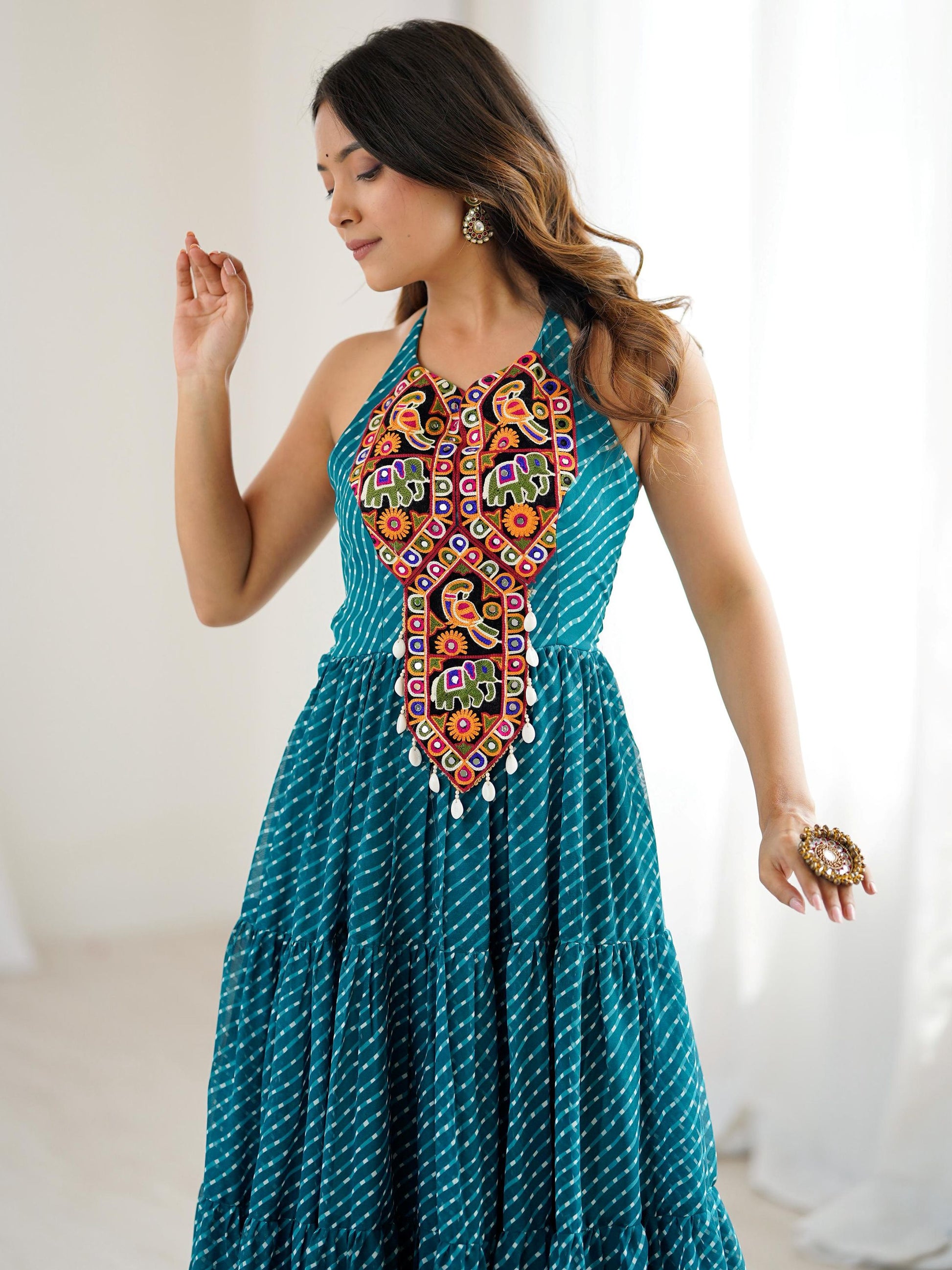 Awesome Teal Blue Laheriya Printed Georgette Navratri Special Gown