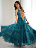 Awesome Teal Blue Laheriya Printed Georgette Navratri Special Gown