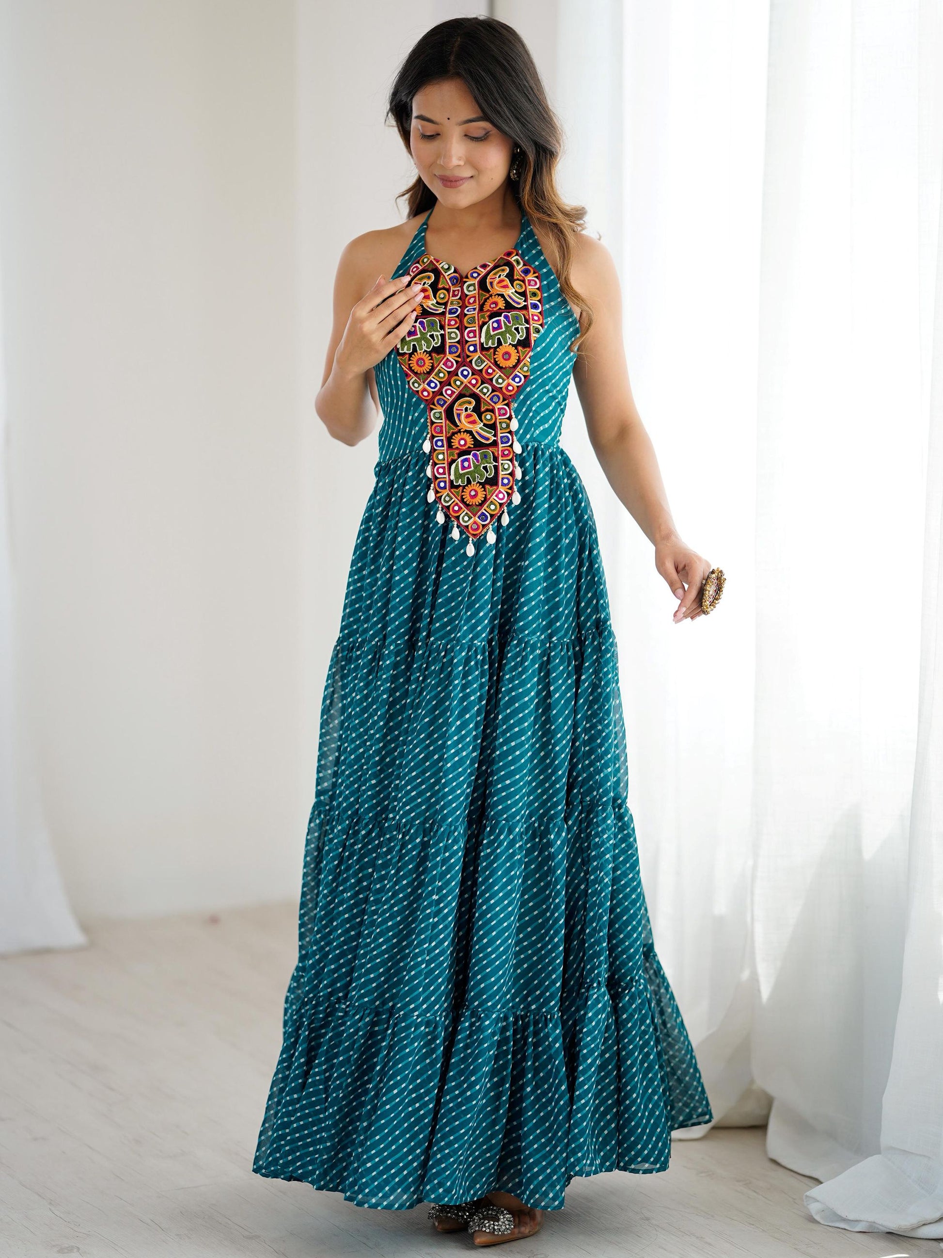 Awesome Teal Blue Laheriya Printed Georgette Navratri Special Gown