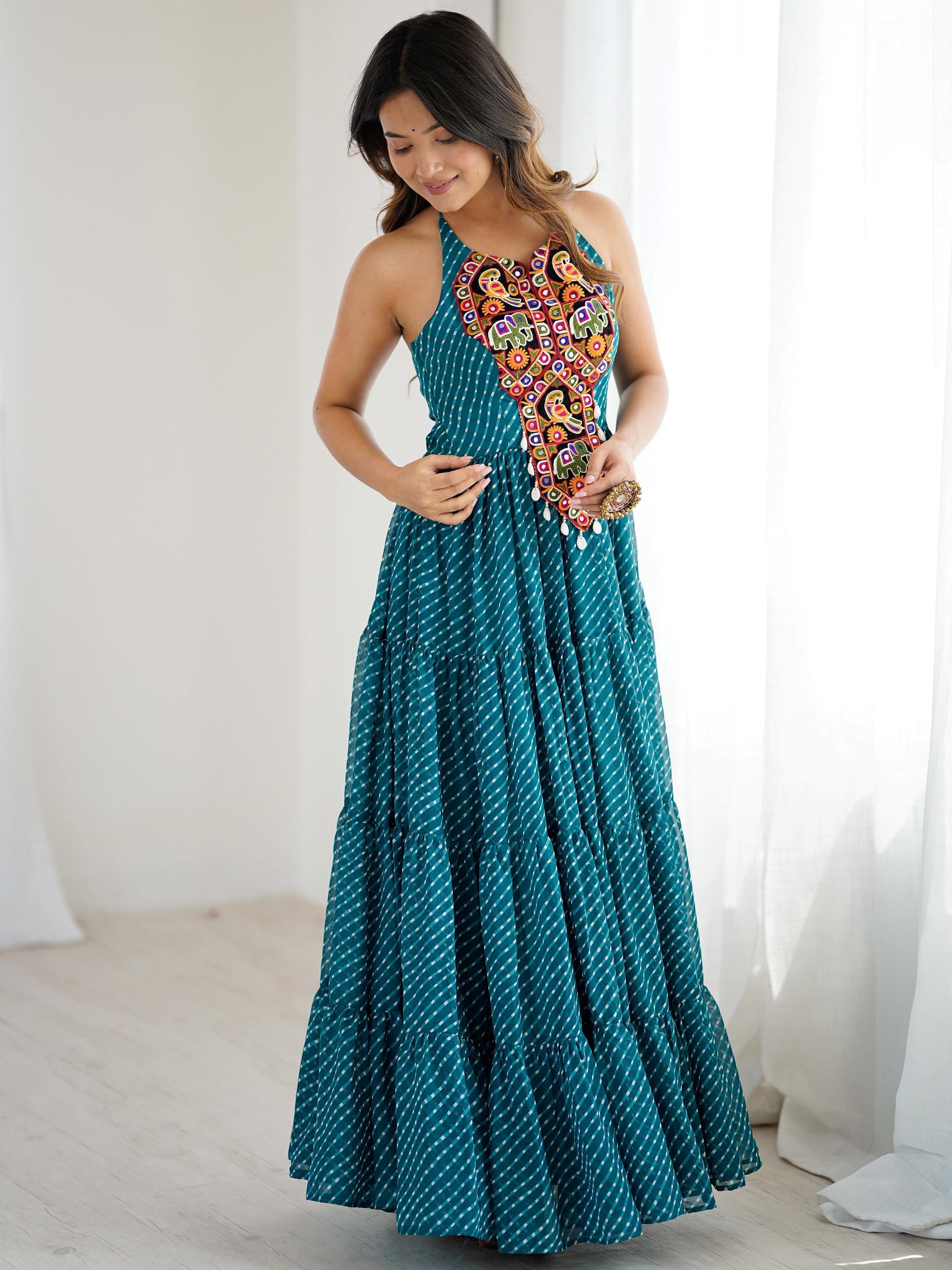 Awesome Teal Blue Laheriya Printed Georgette Navratri Special Gown