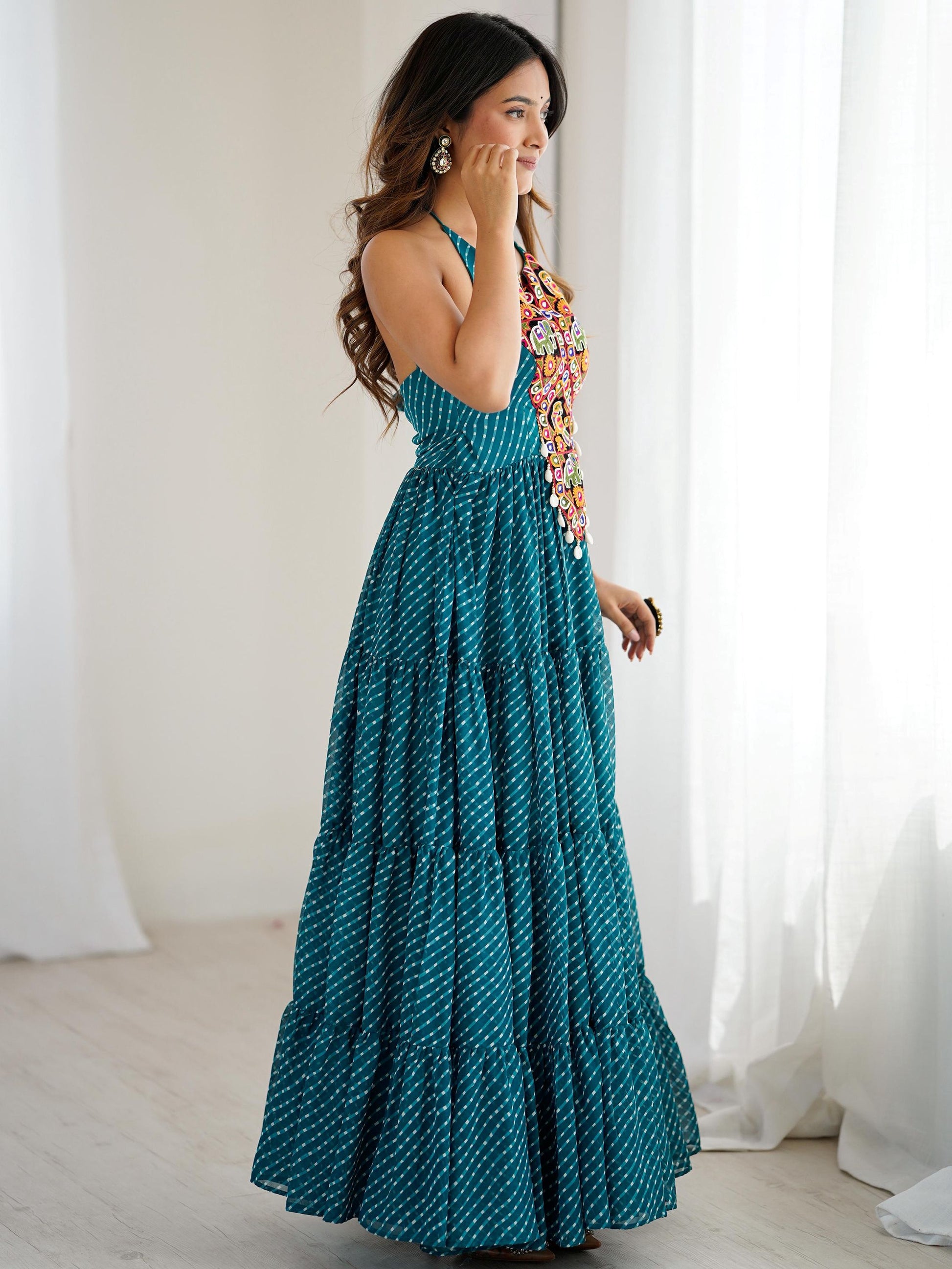 Awesome Teal Blue Laheriya Printed Georgette Navratri Special Gown