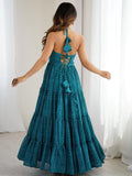 Awesome Teal Blue Laheriya Printed Georgette Navratri Special Gown