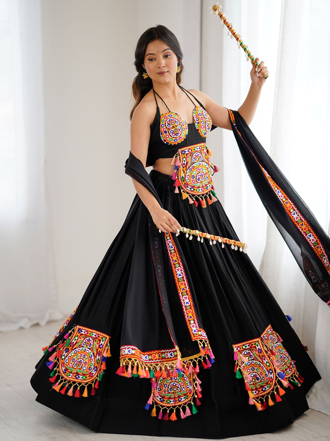 Attractive Black Gamthi Work Rayon Navratri Special Lehenga Choli With Dupatta