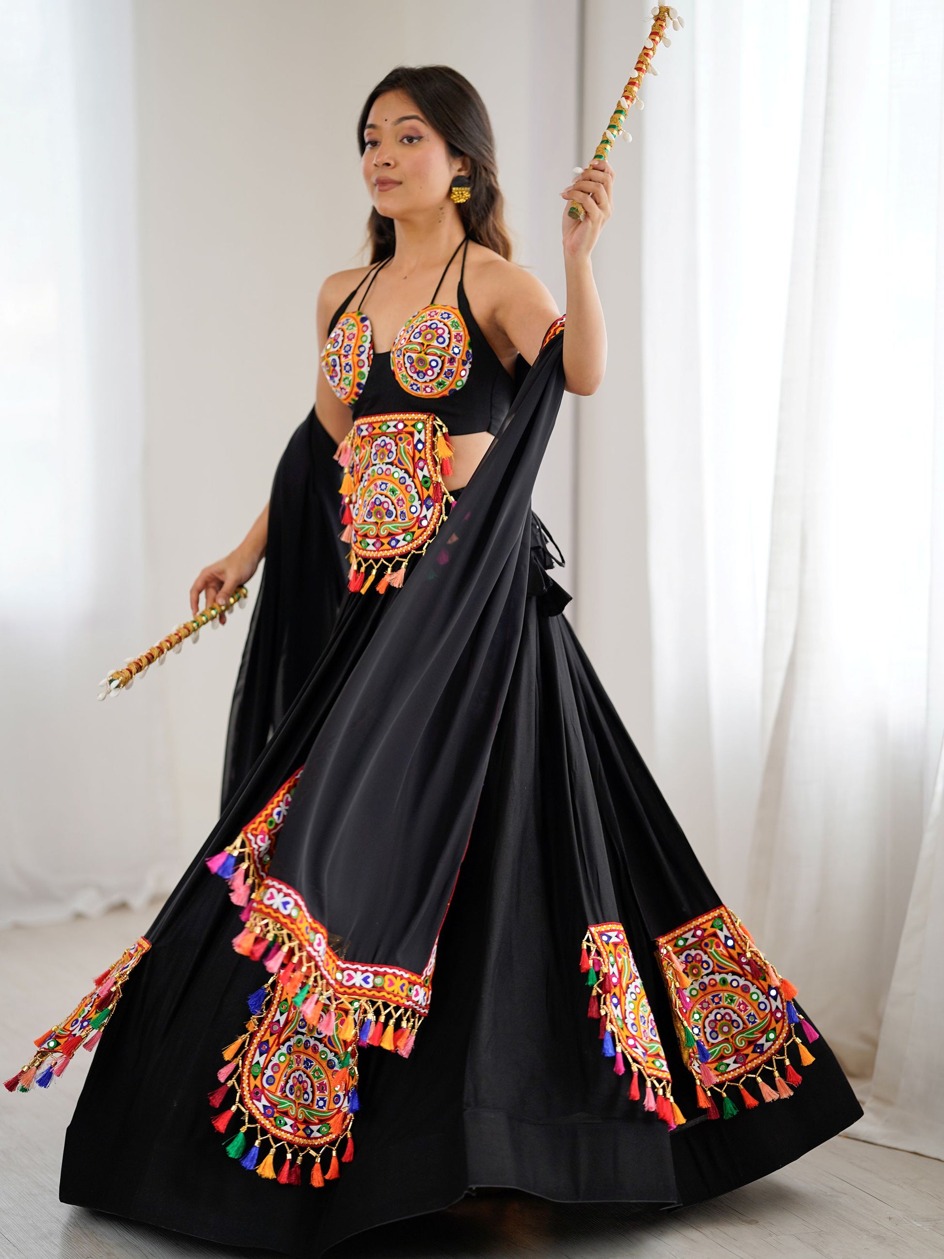 Attractive Black Gamthi Work Rayon Navratri Special Lehenga Choli With Dupatta