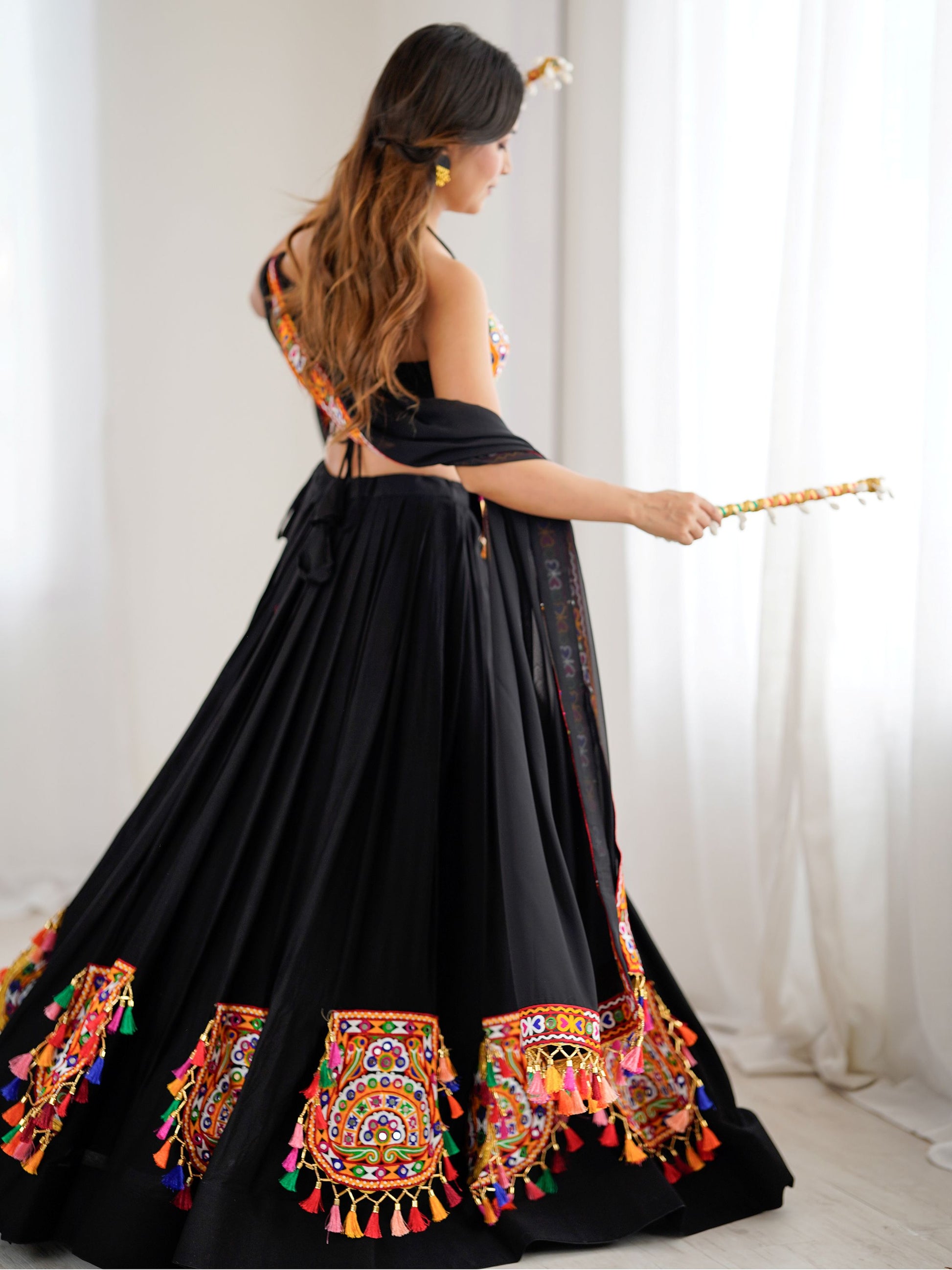 Attractive Black Gamthi Work Rayon Navratri Special Lehenga Choli With Dupatta
