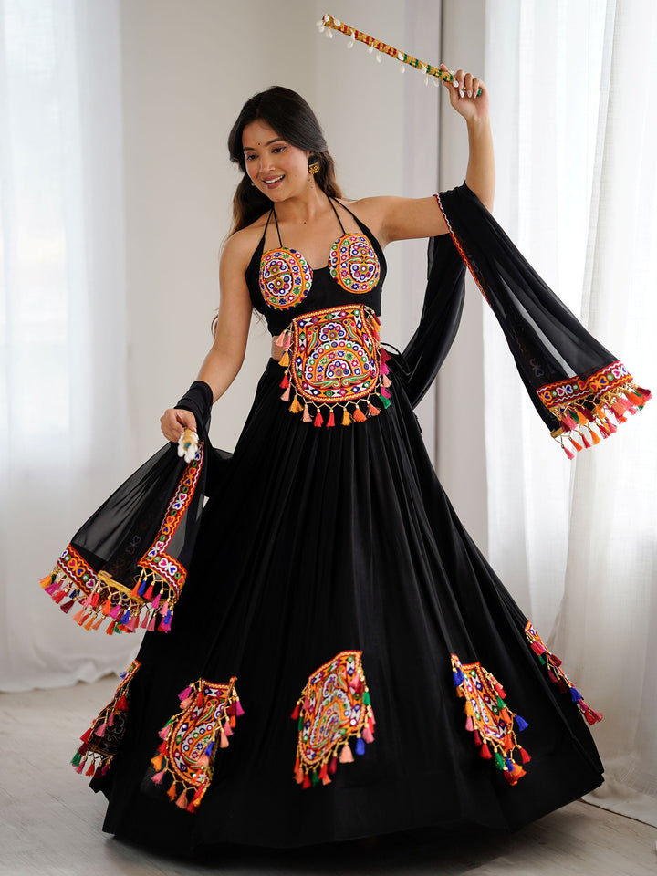 Attractive Black Gamthi Work Rayon Navratri Special Lehenga Choli With Dupatta