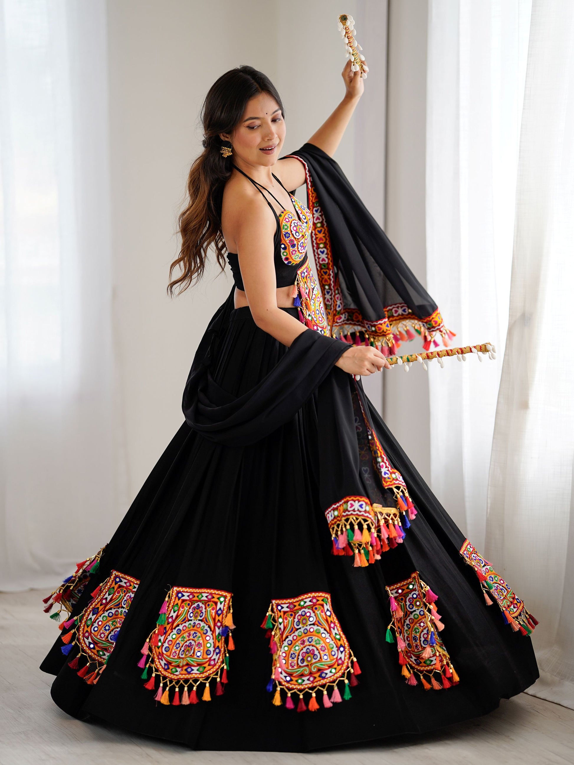 Attractive Black Gamthi Work Rayon Navratri Special Lehenga Choli With Dupatta