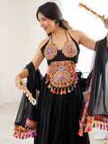 Attractive Black Gamthi Work Rayon Navratri Special Lehenga Choli With Dupatta