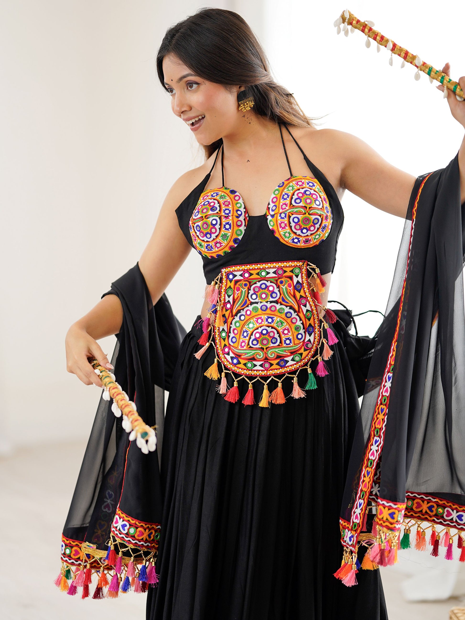 Attractive Black Gamthi Work Rayon Navratri Special Lehenga Choli With Dupatta