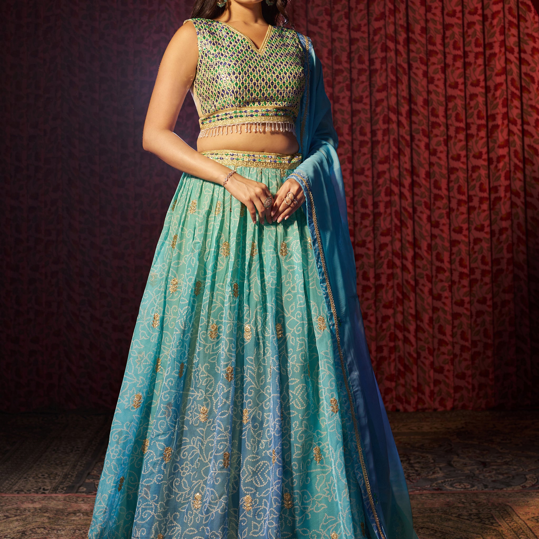 Adorable Blue Printed Organza Sangeet Wear Lehenga Choli With Dupatta