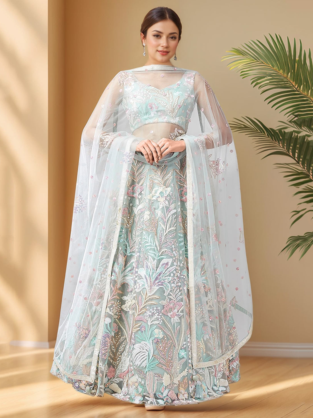 Alluring Pista Green Sequins Net Wedding Wear Lehenga Choli With Dupatta