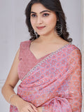 Attractive Light Pink Printed Organza Silk Party Wear Saree With Blouse
