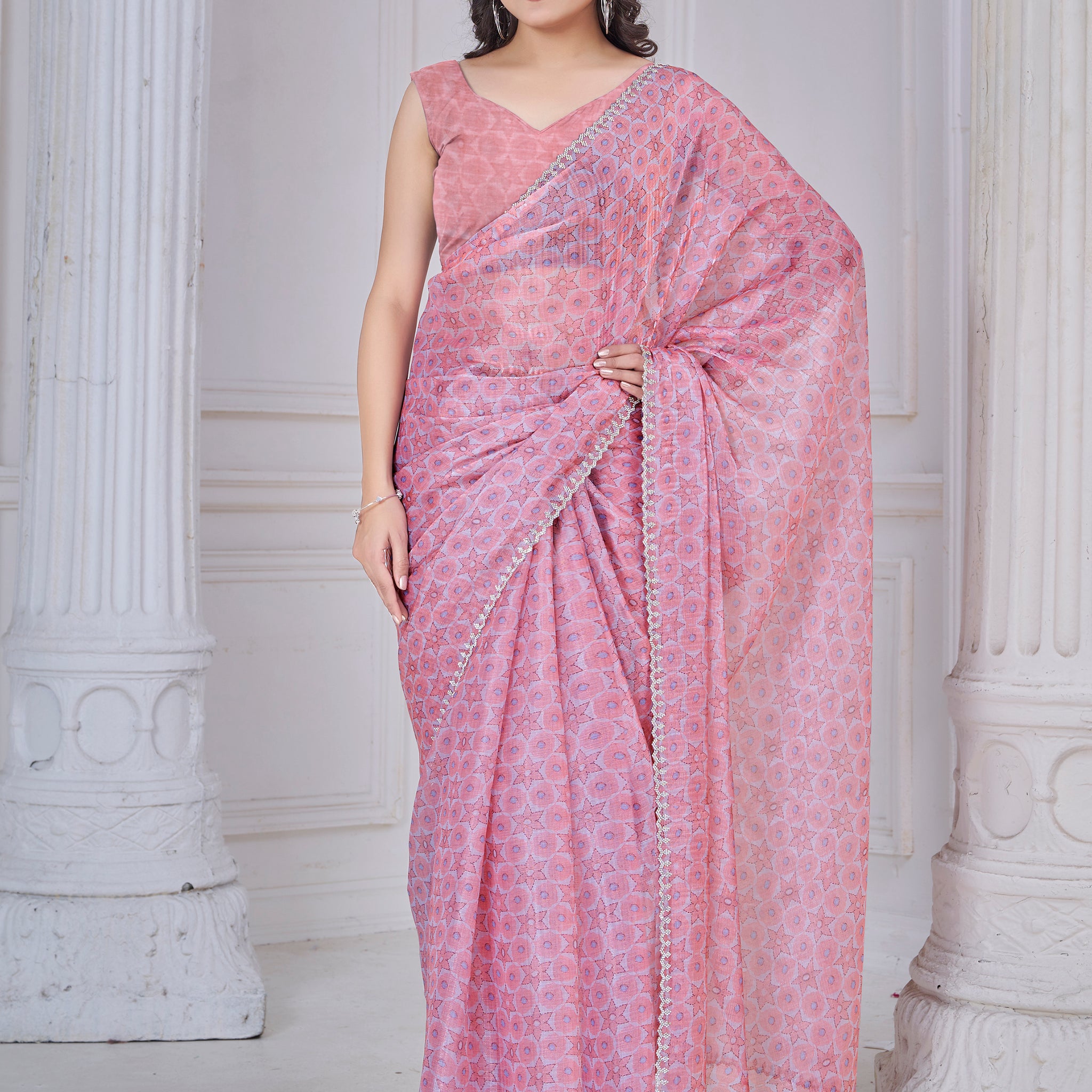 Attractive Light Pink Printed Organza Silk Party Wear Saree With Blouse