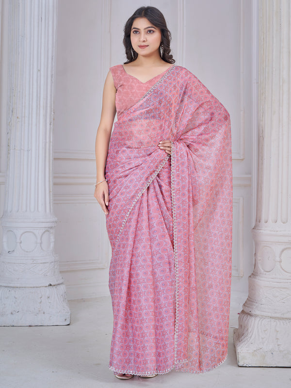 Attractive Light Pink Printed Organza Silk Party Wear Saree With Blouse