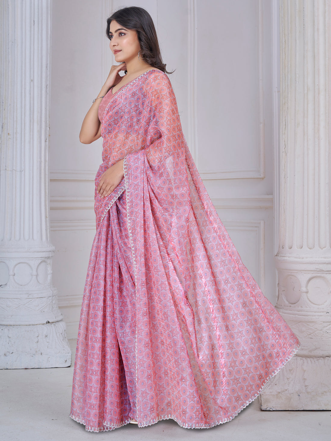 Attractive Light Pink Printed Organza Silk Party Wear Saree With Blouse