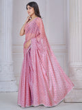 Attractive Light Pink Printed Organza Silk Party Wear Saree With Blouse