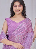 Beautiful Purple Digital Printed Organza Silk Casual Wear Saree With Blouse