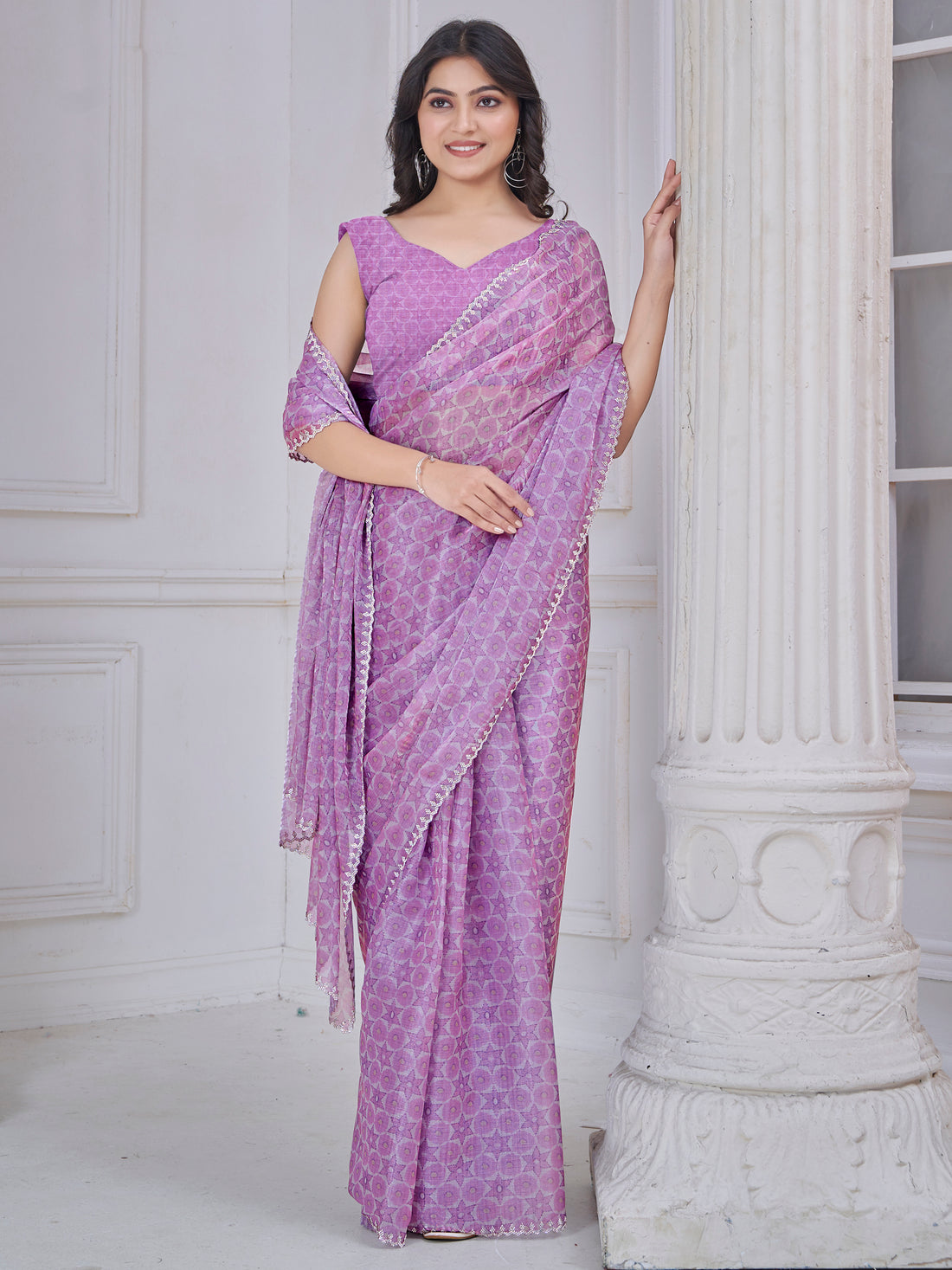 Beautiful Purple Digital Printed Organza Silk Casual Wear Saree With Blouse