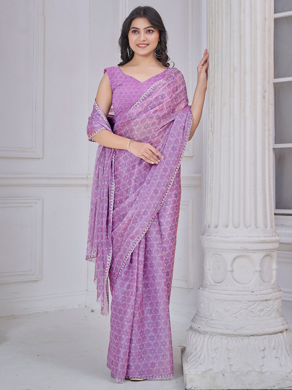 Beautiful Purple Digital Printed Organza Silk Casual Wear Saree With Blouse