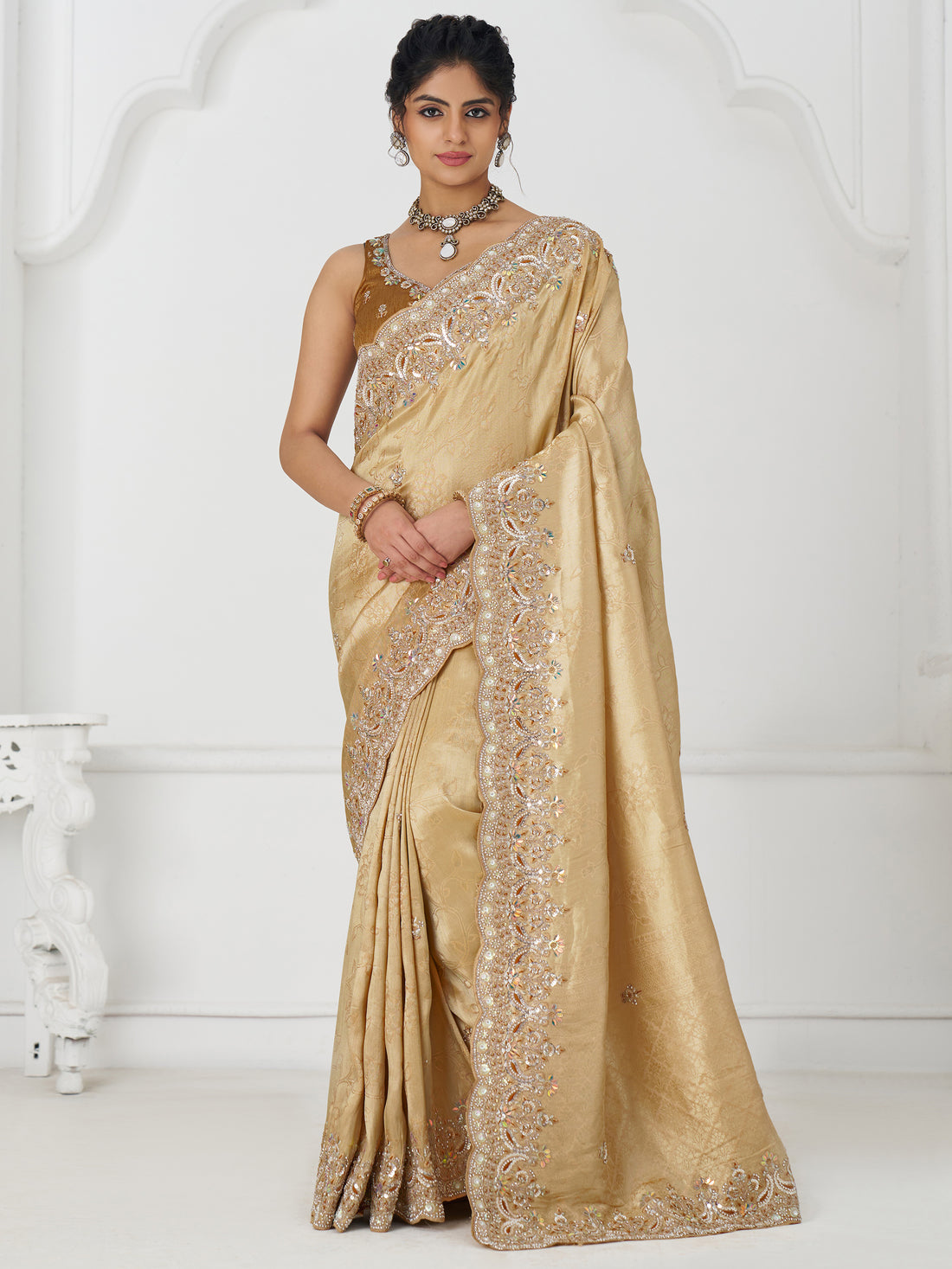 Stunning Beige Dola Silk Border Work Reception Wear Saree