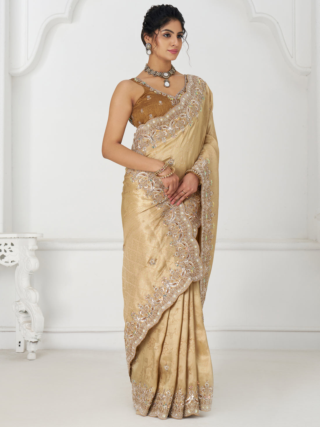 Stunning Beige Dola Silk Border Work Reception Wear Saree