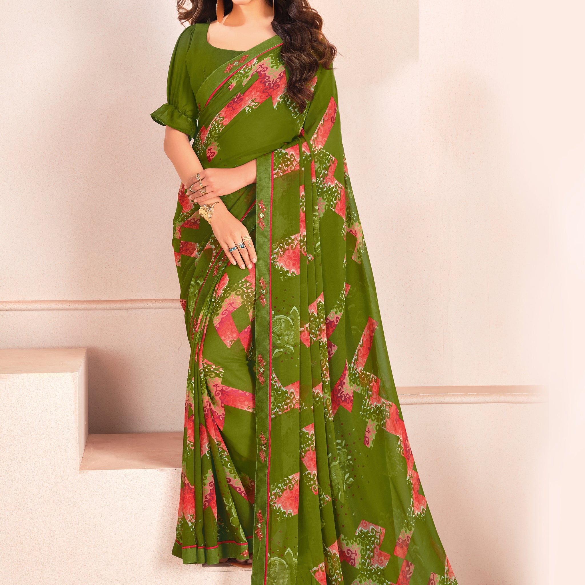 Alluring Green Digital Printed Georgette Office Wear Saree With Blouse