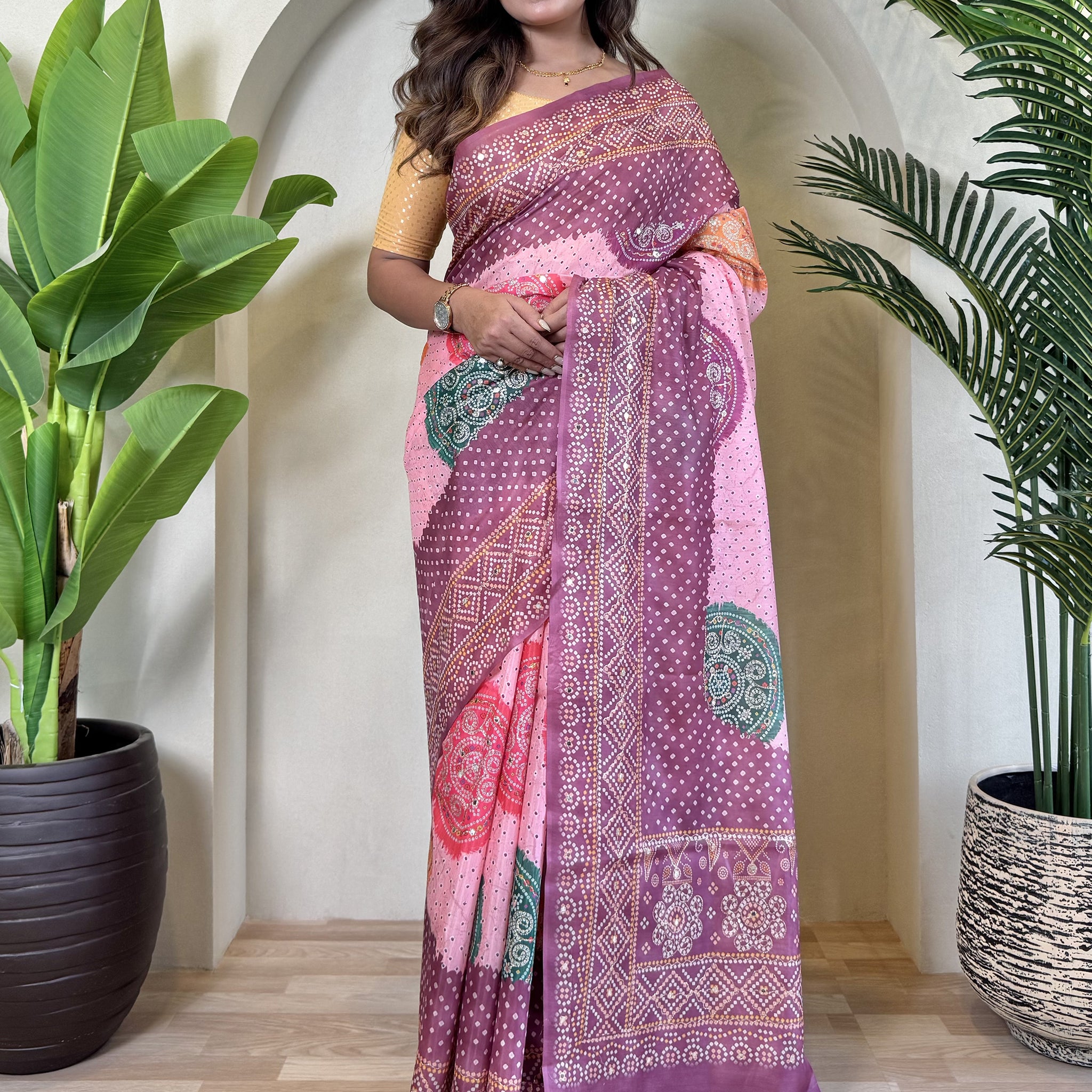 Spectacular Purple Bandhni Printed Tissue Silk Festive Wear Saree
