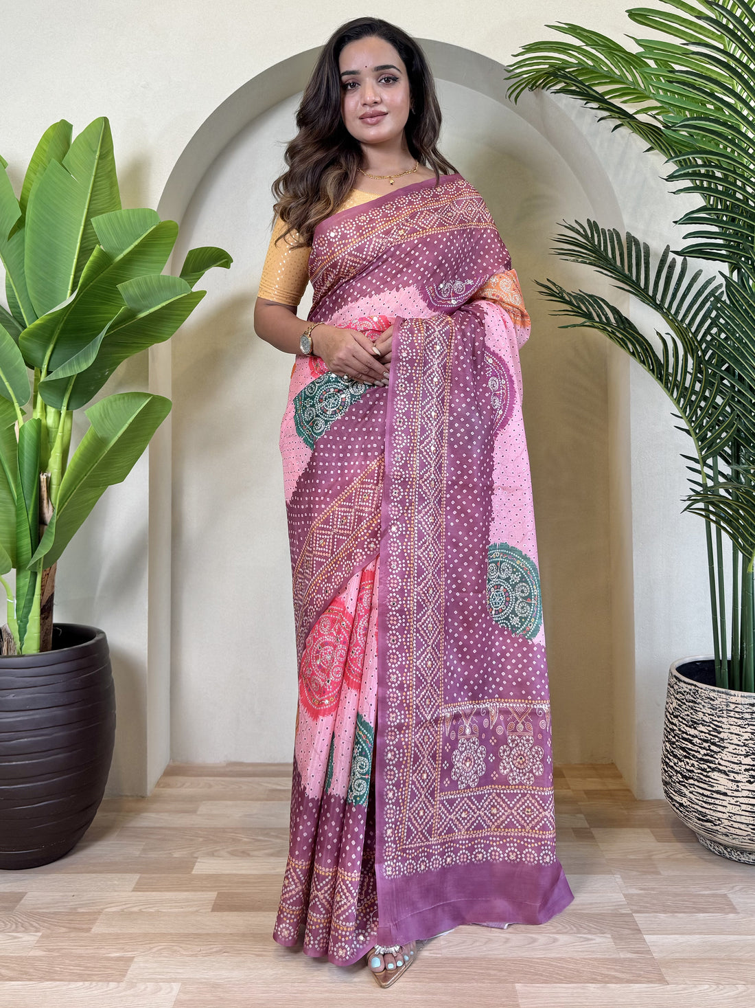 Spectacular Purple Bandhni Printed Tissue Silk Festive Wear Saree