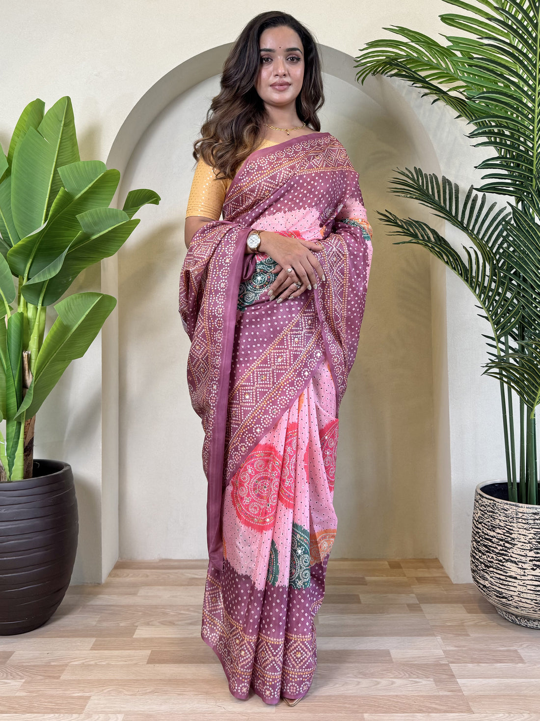 Spectacular Purple Bandhni Printed Tissue Silk Festive Wear Saree
