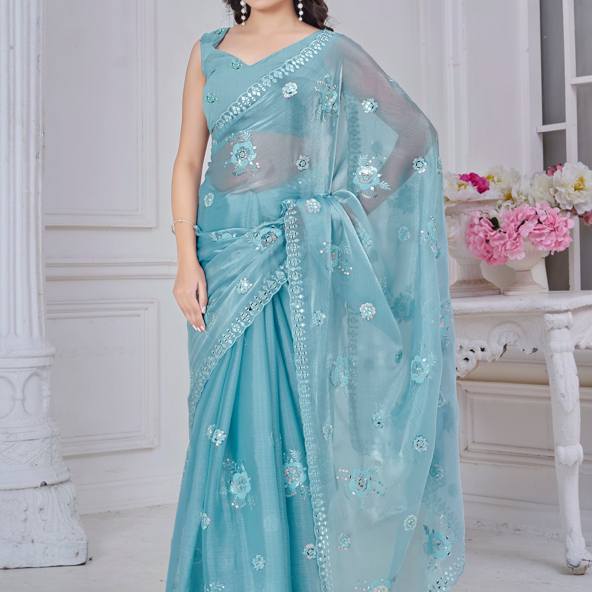 Glamorous Sky Blue Thread Embroidered Organza Silk Designer Saree