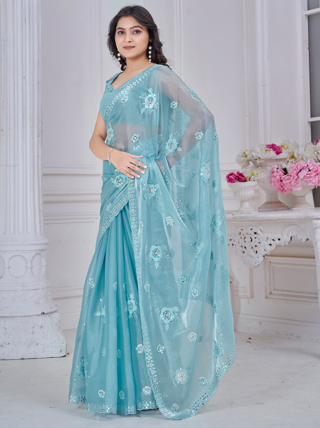 Glamorous Sky Blue Thread Embroidered Organza Silk Designer Saree